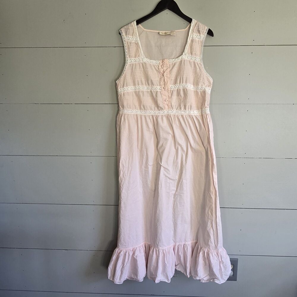 Vintage Victoria's Secret Pink Cotton Lace Trim Ruffle Button Sleeveless Gown XL